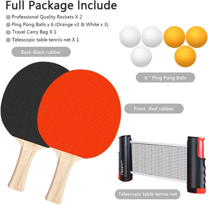 Ping Pong Paddle Set, Portable Table Tennis Set with Retractable Net,Rackets,Balls and Carry Bag for Indoor/Outdoor Games